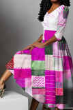 Light Purple Graphic Print V Neck Half Sleeve Casual Daily Twilled Satin Pleated Maxi Dresses