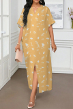 White Red Graphic Print V Neck Half Sleeve Front Slit Casual Outings Summer Loose Maxi Dresses