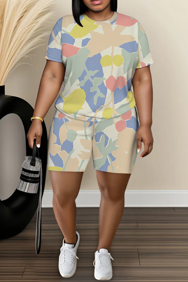 Khaki Casual Abstract Print Round Neck Short Sleeve T-shirt and Shorts Two Pieces Sets