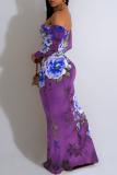 Purple Geometric Flowers Print Off Shoulder Long Sleeve Casual Outings Bodycon Maxi Dress