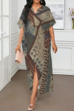 Blue V Neck Half Sleeve Front Slit Casual Outings Loose Maxi Dresses