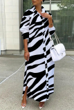 White Black Turndown Collar Shirt-Sleeve Button-Down Front Casual Outings Shirt Maxi Dresses