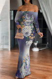 Purple Geometric Flowers Print Off Shoulder Long Sleeve Casual Outings Bodycon Maxi Dress