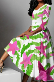 Light Purple Graphic Print V Neck Half Sleeve Casual Daily Twilled Satin Pleated Maxi Dresses