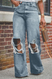 Blue Casual Solid Color Ripped High Waist Loose Straight Denim Jeans
