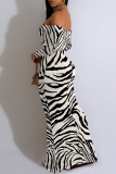 Black Zebra Print Off Shoulder Long Sleeve Casual Outings Bodycon Maxi Dress