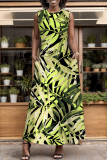 White Green Graphic Print O Neck Off Shoulder Sleeveless Casual Daily Striaght Loose Maxi Dresses