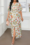 White Red Graphic Print V Neck Half Sleeve Front Slit Casual Outings Summer Loose Maxi Dresses