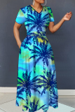 Blue Plants Print V Neck Short Sleeve Floor Length Casual Vacation Maxi Dresses