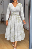 Pink Floral Print V Neck Long Sleeve A Line Fitted Summer Outings Maxi Dresses