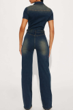 Dark Blue Shirt Collar Short Sleeve Buttton-Down Skinny Distressed Denim Jumpsuit