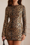 Sexy Leopard Print Sequins Round Neck Long Sleeve Bodycorn Casual Party Evening Wrapped Skirt Mini Dresses
