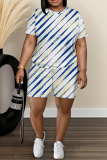 White Purple Graphic Print O Neck Short Sleeve T Shirt and Shorts Casual Outings Plus Size Two Piece Short Set