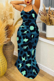 Lake Blue Graphic Print Off Shoulder Sleeveless Backless Spaghetti Strap Casual Vacation Maxi Slip Dresses