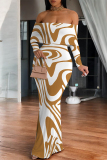 Black Zebra Print Off Shoulder Long Sleeve Casual Outings Bodycon Maxi Dress