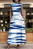 White Green Graphic Print O Neck Off Shoulder Sleeveless Casual Daily Striaght Loose Maxi Dresses