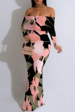 Purple Geometric Flowers Print Off Shoulder Long Sleeve Casual Outings Bodycon Maxi Dress