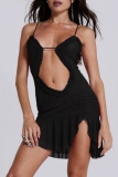 Black Off Shoulder Sleeveless Backless Spaghetti Strap Hollow Out Night Out Bodycon Mini Dresses