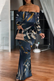 Purple Geometric Flowers Print Off Shoulder Long Sleeve Casual Outings Bodycon Maxi Dress