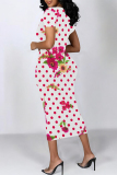 Blue Purple Colorblock Flowers Print O Neck Short Sleeve Casual Outings Bodycon T Shirt Maxi Dress
