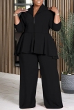 Black Zip-Up V Neck Long Sleeve Ruffled Top and Wide Leg Pant Office Lady Plus Size Two Piece Trouser Set