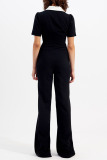 Black with White Patchwork Turndown Collar Short Sleeve Button-Down Office Lady Wige Leg Jumpsuit