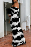 Black Zebra Print Off Shoulder Long Sleeve Casual Outings Bodycon Maxi Dress