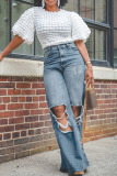 Blue Casual Solid Color Ripped High Waist Loose Straight Denim Jeans