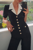 Black with White Patchwork Turndown Collar Short Sleeve Button-Down Office Lady Wige Leg Jumpsuit