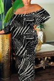 Black Zebra Print Off Shoulder Long Sleeve Casual Outings Bodycon Maxi Dress
