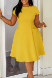 White O Neck Short Sleeve Loose A Line Plus Size Office Lady Pleated Midi Dress