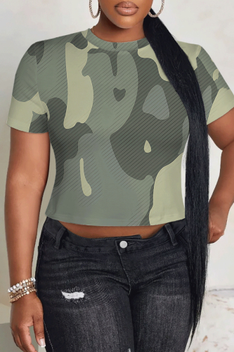 White Camouflage Flowers Print O Neck Short Sleeve Summer Outings T Shirts
