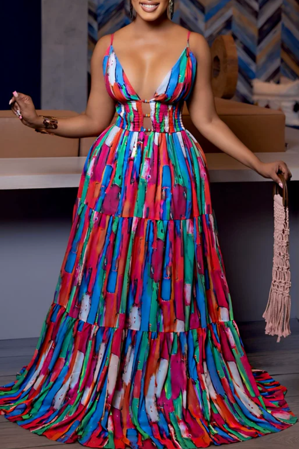 Multicolor Graphic Print Sleeveless Backless Cut-Out Waist Floor Length Boot Cut Casual Vacation Maxi Slip Dresses