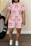 White Purple Graphic Print O Neck Short Sleeve T Shirt and Shorts Casual Outings Plus Size Two Piece Short Set