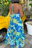 Blue Green Floral Print Off Shoulder Sleeveless Casual Vacation Halter Maxi Slip Dresses