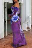 Purple Geometric Flowers Print Off Shoulder Long Sleeve Casual Outings Bodycon Maxi Dress