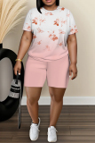 White Purple Graphic Print O Neck Short Sleeve T Shirt and Shorts Casual Outings Plus Size Two Piece Short Set