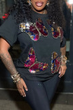 Black Sequins Butterfly Print O Neck Short Sleeve T Shirt and Shorts Casual Outings Two Piece Short Set
