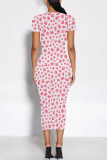 Blue Purple Colorblock Flowers Print O Neck Short Sleeve Casual Outings Bodycon T Shirt Maxi Dress