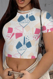 White Camouflage Flowers Print O Neck Short Sleeve Summer Outings T Shirts