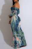 Purple Geometric Flowers Print Off Shoulder Long Sleeve Casual Outings Bodycon Maxi Dress