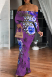 Purple Geometric Flowers Print Off Shoulder Long Sleeve Casual Outings Bodycon Maxi Dress