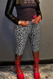 Grey Casual Leopard Print Sequins Mid Waist Bodycorn Fifth Pants