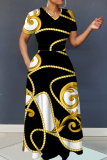 Black Graphic Print V Neck Short Sleeve Floor Length Casual Outing Loose Fit Maxi Dresses