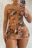 Claret Floral Print Off Shoulder Sleeveless Strapless Backless Cut-Out Tube  Top ans Mini Skirt Vacation Beach Bodyon Two Piece Dress Set
