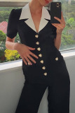 Black with White Patchwork Turndown Collar Short Sleeve Button-Down Office Lady Wige Leg Jumpsuit