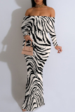 Black Zebra Print Off Shoulder Long Sleeve Casual Outings Bodycon Maxi Dress
