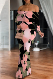 Purple Geometric Flowers Print Off Shoulder Long Sleeve Casual Outings Bodycon Maxi Dress