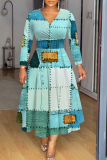 Pink Floral Print V Neck Long Sleeve A Line Fitted Summer Outings Maxi Dresses