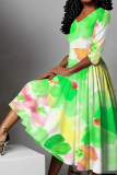 Light Purple Graphic Print V Neck Half Sleeve Casual Daily Twilled Satin Pleated Maxi Dresses